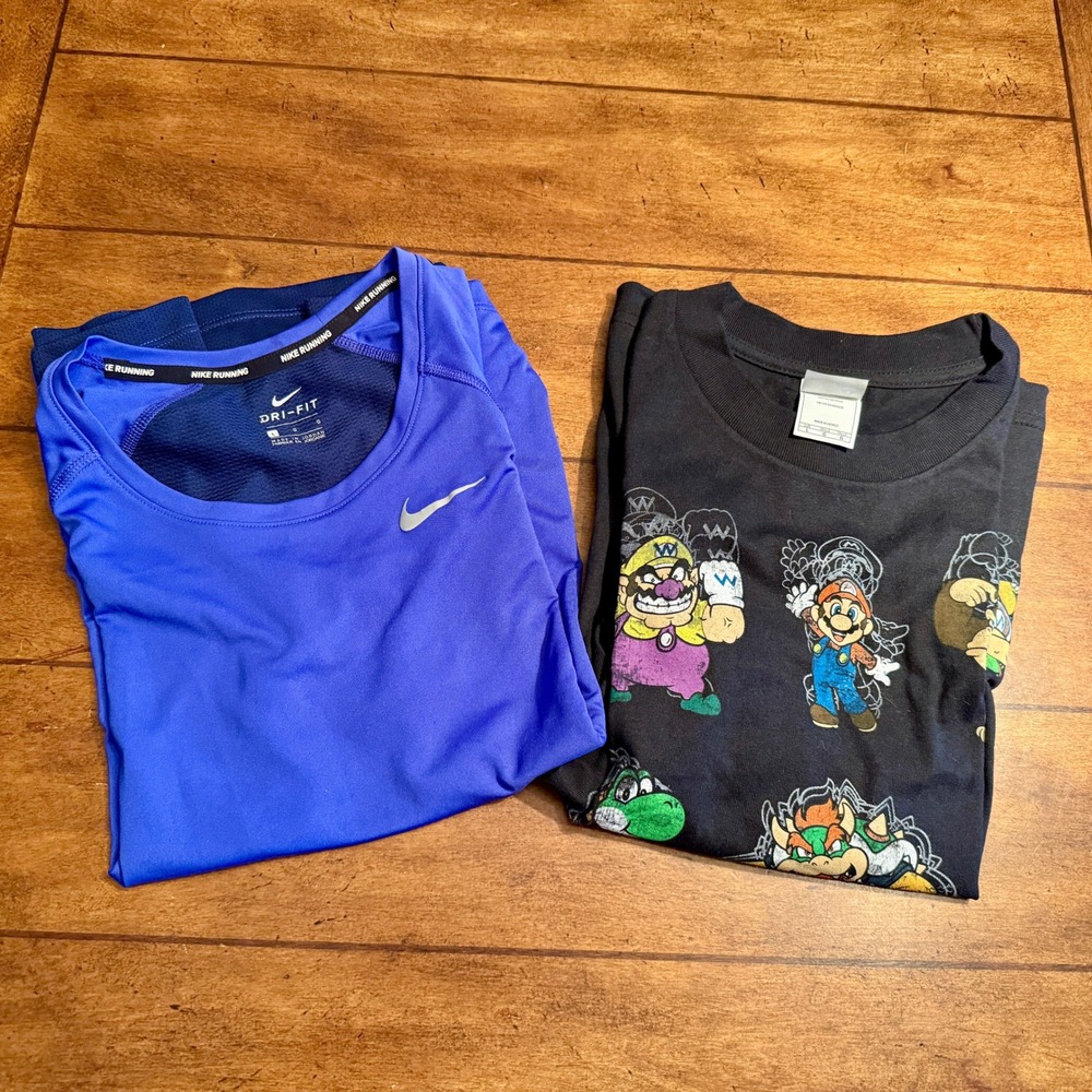 Lot of 2 Diff. Childs Size L Short Sleeve T-Shirts 1 is Nike DRI-FIT+Super Mario